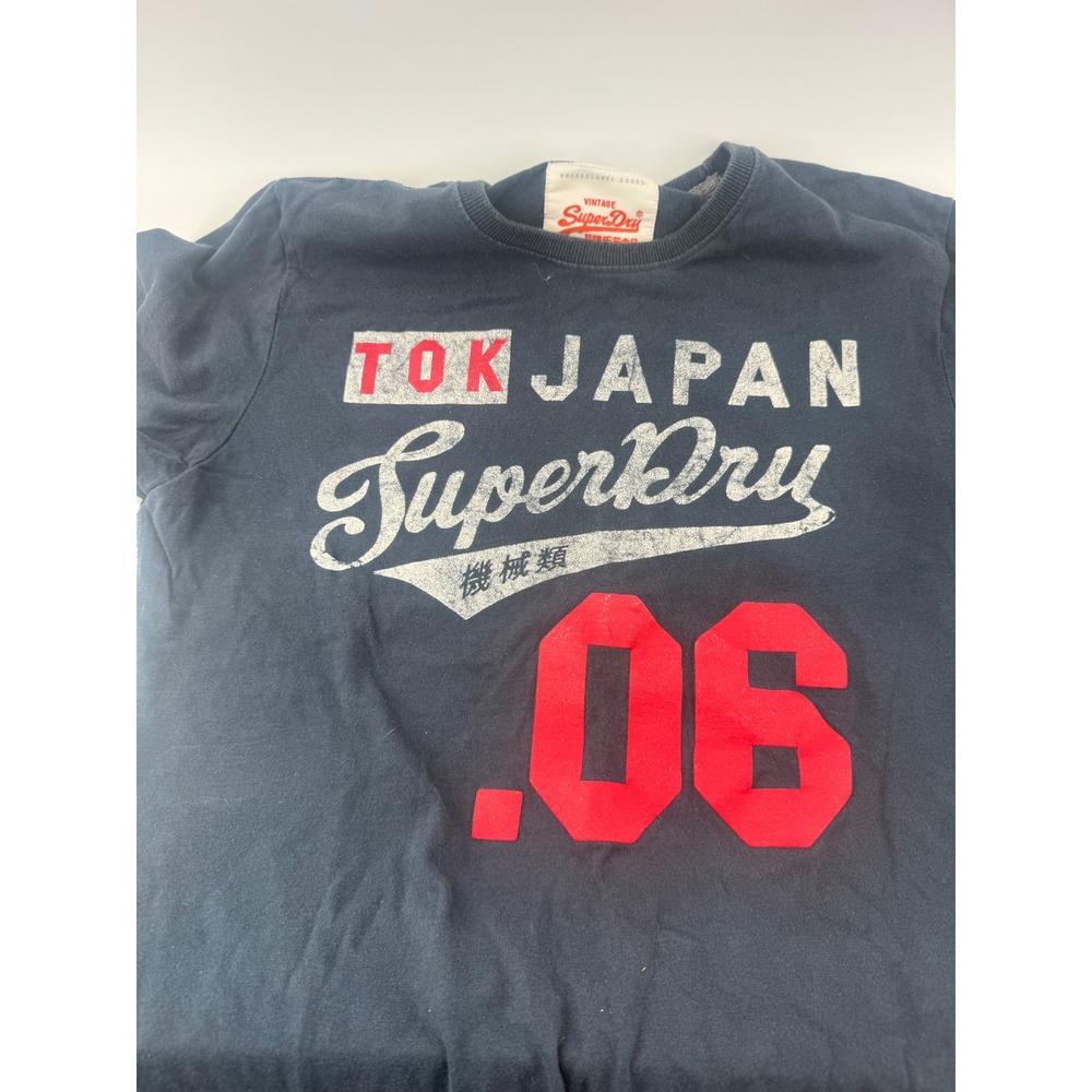 Superdry Vintage Orange Label Mens T Shirt Navy Blue TOK Japan Graphic Large
